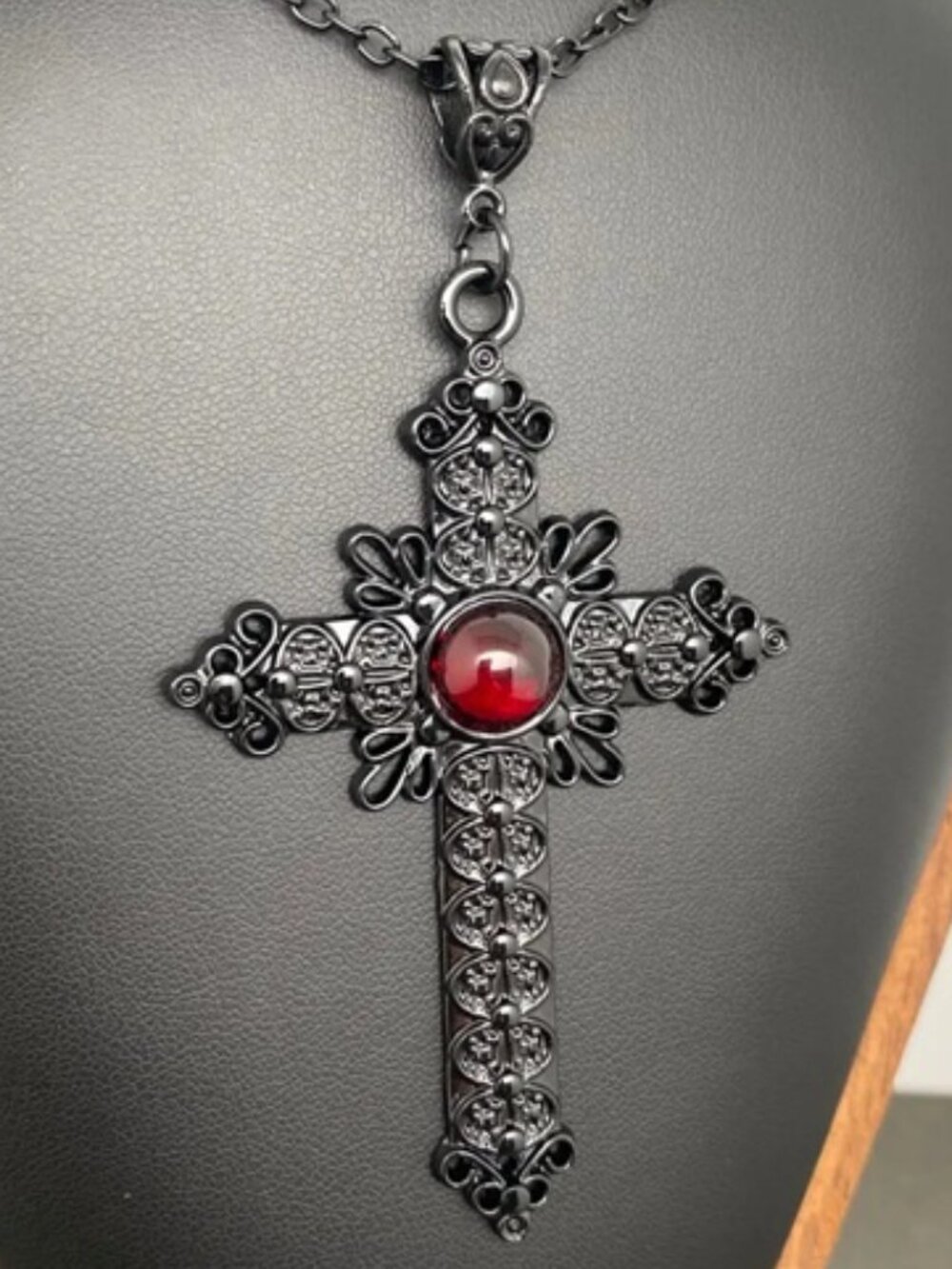 DESIGNER Medieval Goth Large Black Cross Red Cabochon Stone Chain Necklace**NEW! - Picture 4 of 6